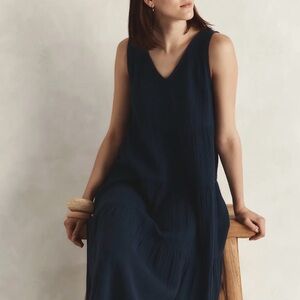 Quince Navy Sleeveless Dress - Organic Cotton Gauze Tiered Maxi NWT
